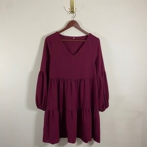 Burgundy Women's Babydoll Tiered Long Sleeve Dress Small Holiday Dress Boho Fall